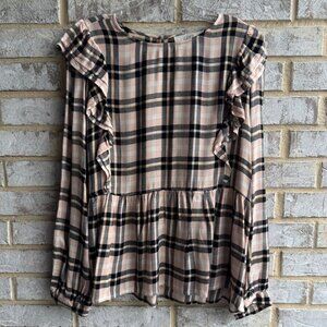 Loft Long Sleeve Ruffle Details Plaid Blouse Women's Size L